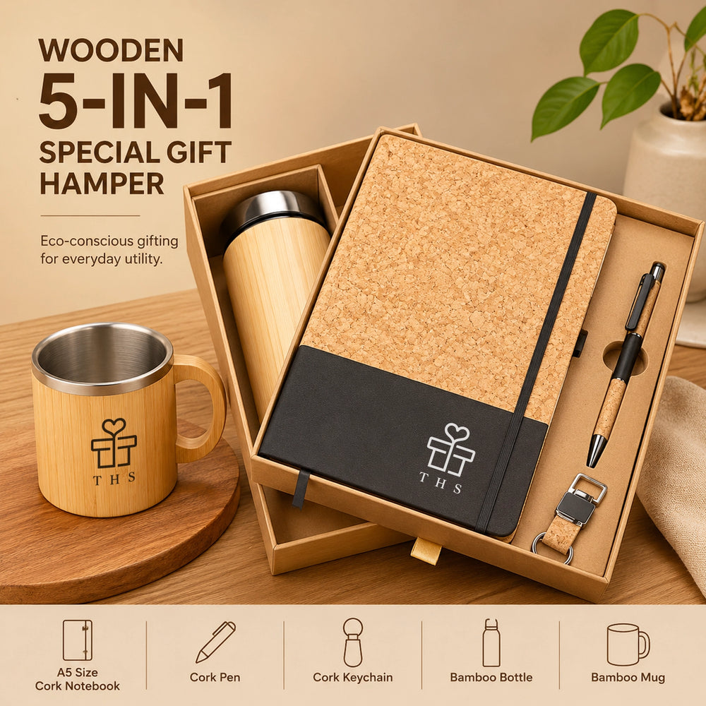 Wooden 5-in-1 bamboo corporate gift set — bamboo insulated bottle, bamboo mug, cork A5 notebook, cork pen and cork keychain in a wooden box