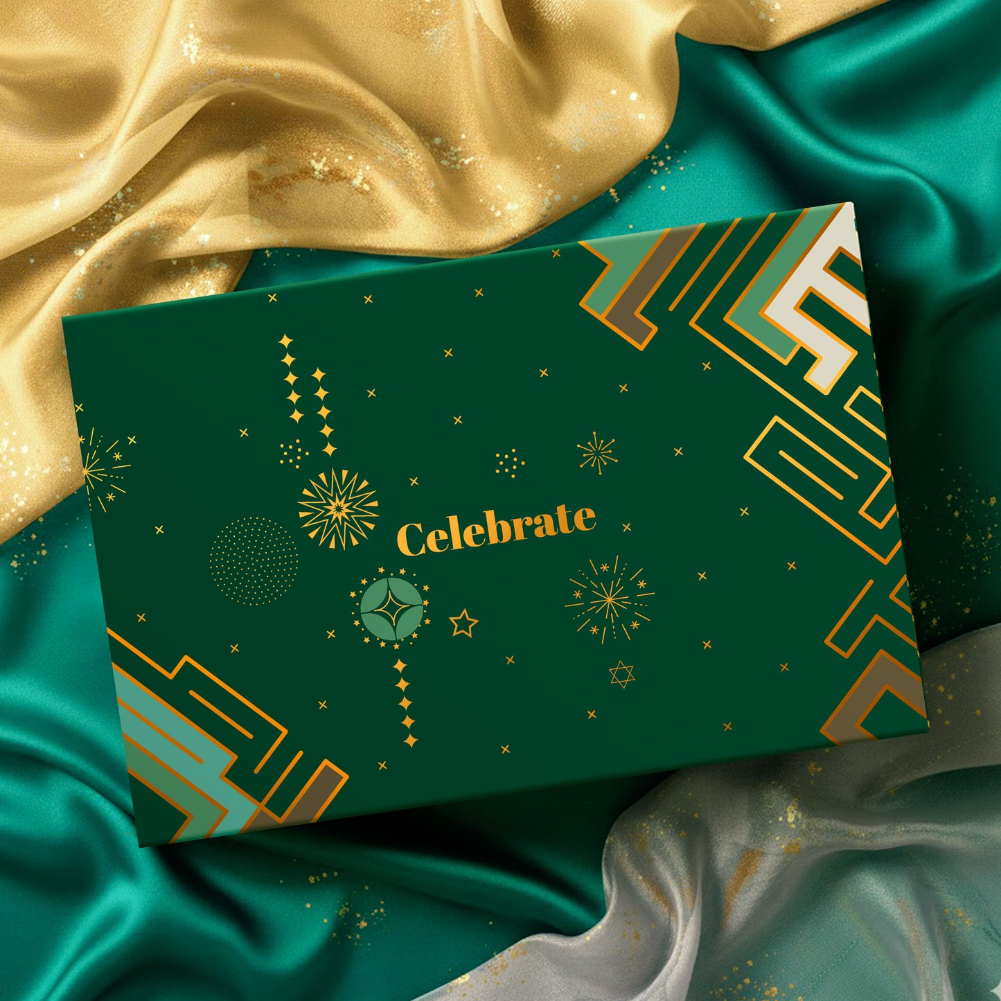 Celebrate Box reusable green kappa board gift box with gold foiling and festive motifs—premium packaging for multi-occasion gifting.