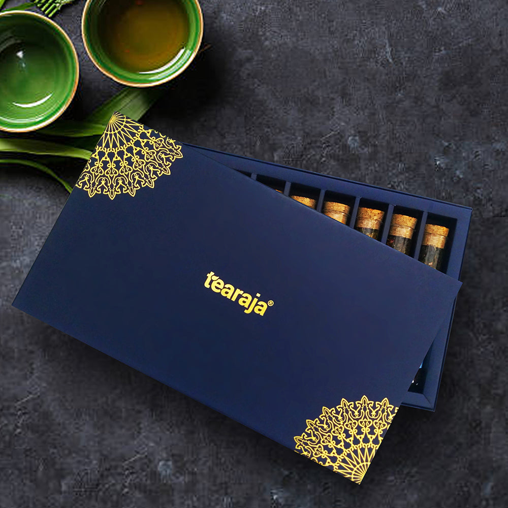 Aurora Blue Tea Gift Box featuring 10 organic teas in glass test tubes with cork stoppers and reusable blue Kappa box