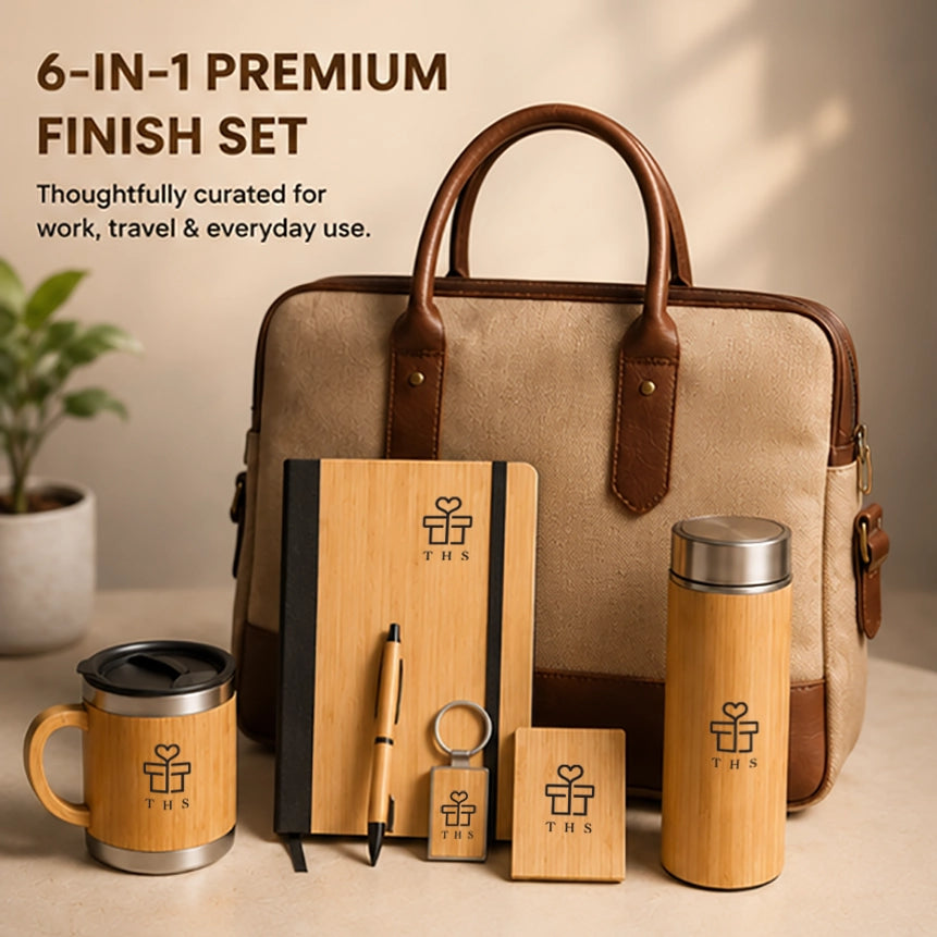 Buy bamboo 6-in-1 executive corporate gift hamper with premium laptop bag, bamboo bottle, mug, notebook, pen, keychain and card holder — sustainable corporate gift set with bag by THS