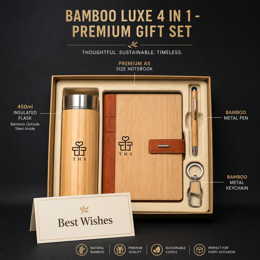 Bamboo Luxe premium bamboo gift set — 450ml bamboo flask, bamboo-cover A5 notebook with leather accent, bamboo stylus pen and keychain with greeting card