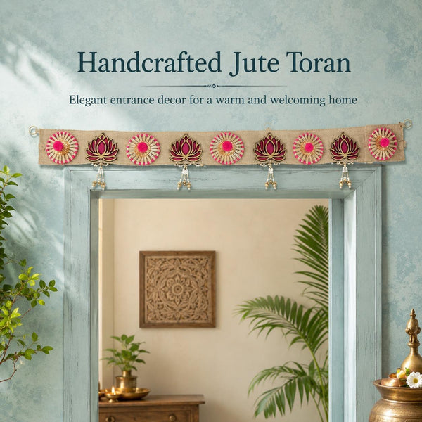 Hand-made jute toran hung across a doorway, an undyed woven band carrying rani pink lotus motifs, jute rosettes with pink pom-pom centres and pearl-bead drops