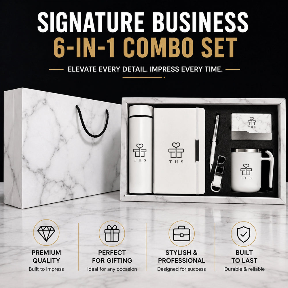 Buy Signature Business luxury corporate gift set in white marble finish — notebook, metal pen, card holder, insulated bottle, mug and keychain in marble gift box