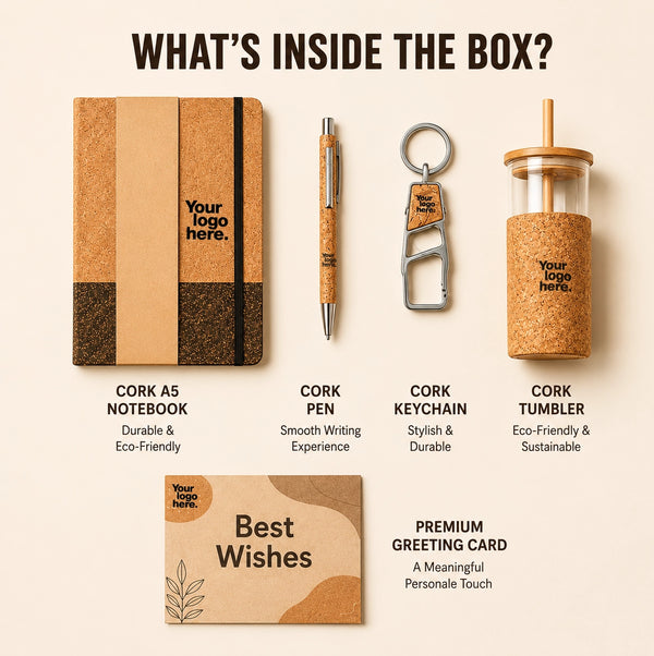 Quadro contents — cork A5 notebook, cork pen, cork keychain, cork glass tumbler with bamboo lid and premium greeting card
