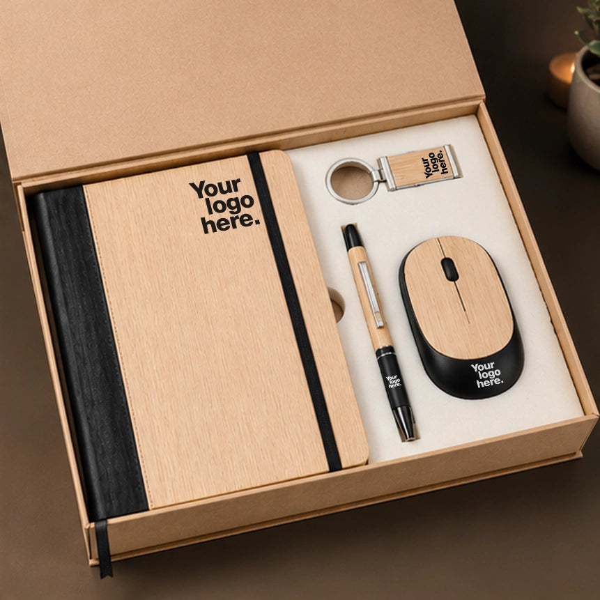 Open bamboo tech 4-in-1 gift set — bamboo wireless mouse, A5 notebook, pen and keychain in a logo kraft box, eco friendly corporate gift by THS