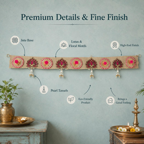 Full length of the jute lotus toran on a plain wall with its parts labelled — jute base, lotus and rosette motifs, pearl tassels and the finish