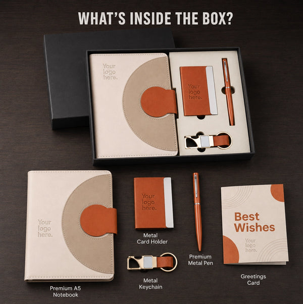 What’s inside the Arc Lock Executive 4-in-1 corporate diary gift set with A5 notebook, metal card holder, premium metal pen, metal keychain and greetings card