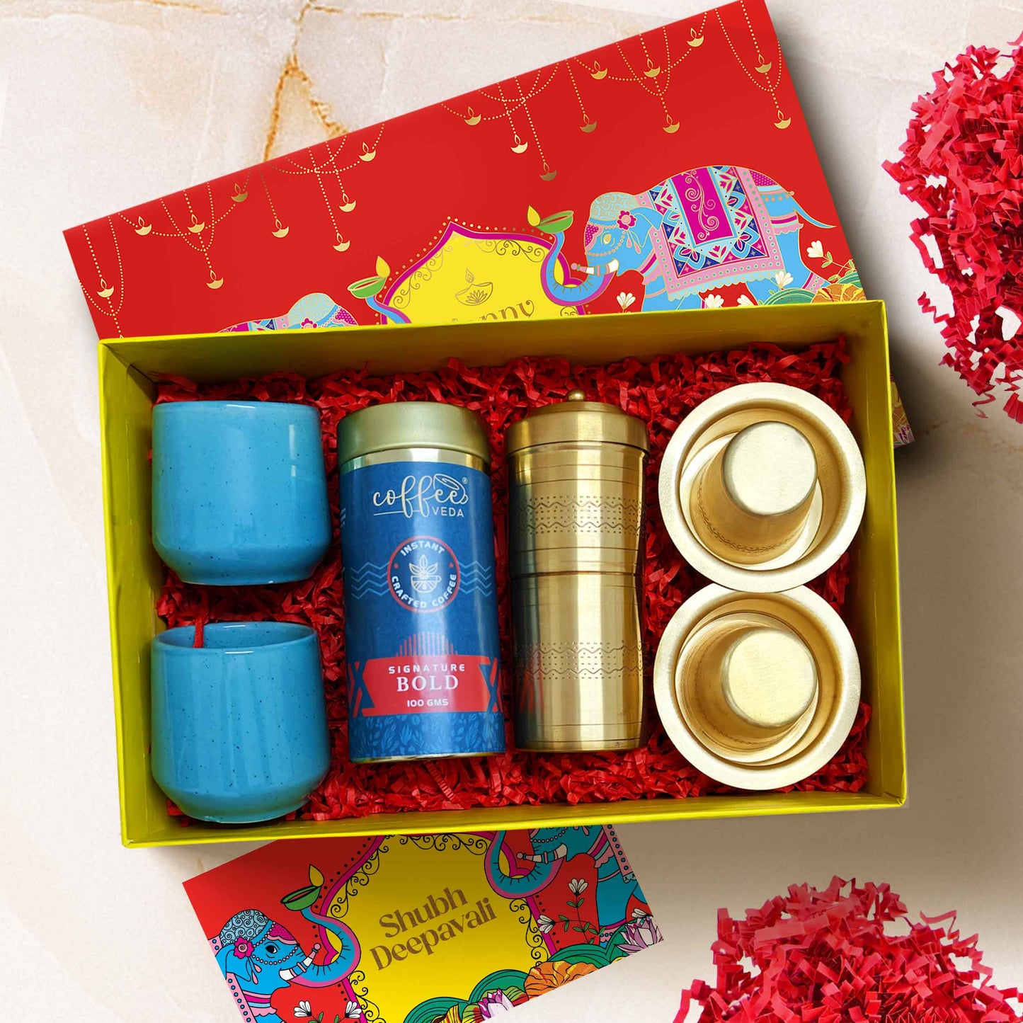 Luxury Coffee Delight Box Diwali gift hamper with brass dabara set, ceramic mugs, and premium coffee