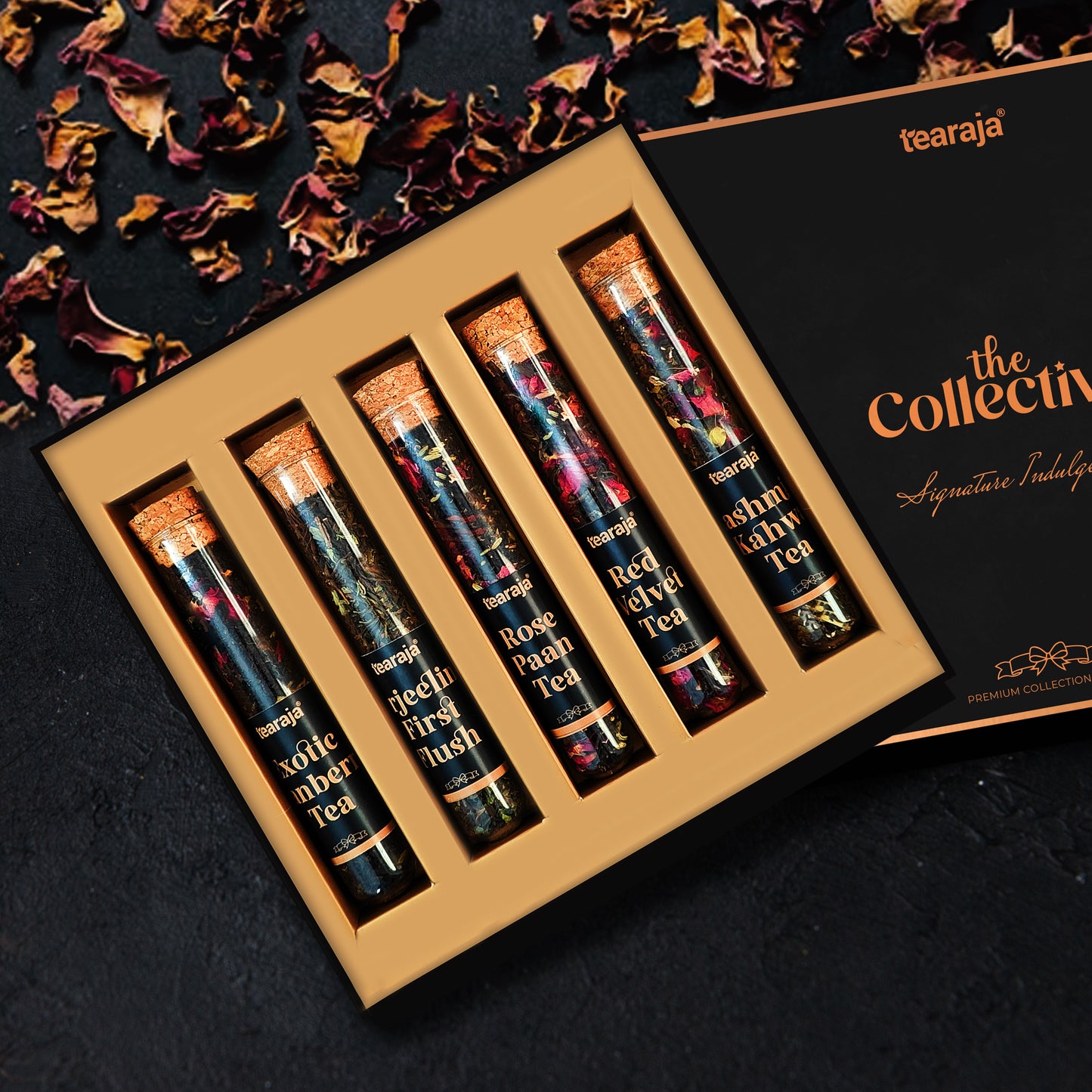Inside The Collective box showcasing exotic cranberry, Darjeeling first flush, rose paan, red velvet, and Kashmiri kahwa teas