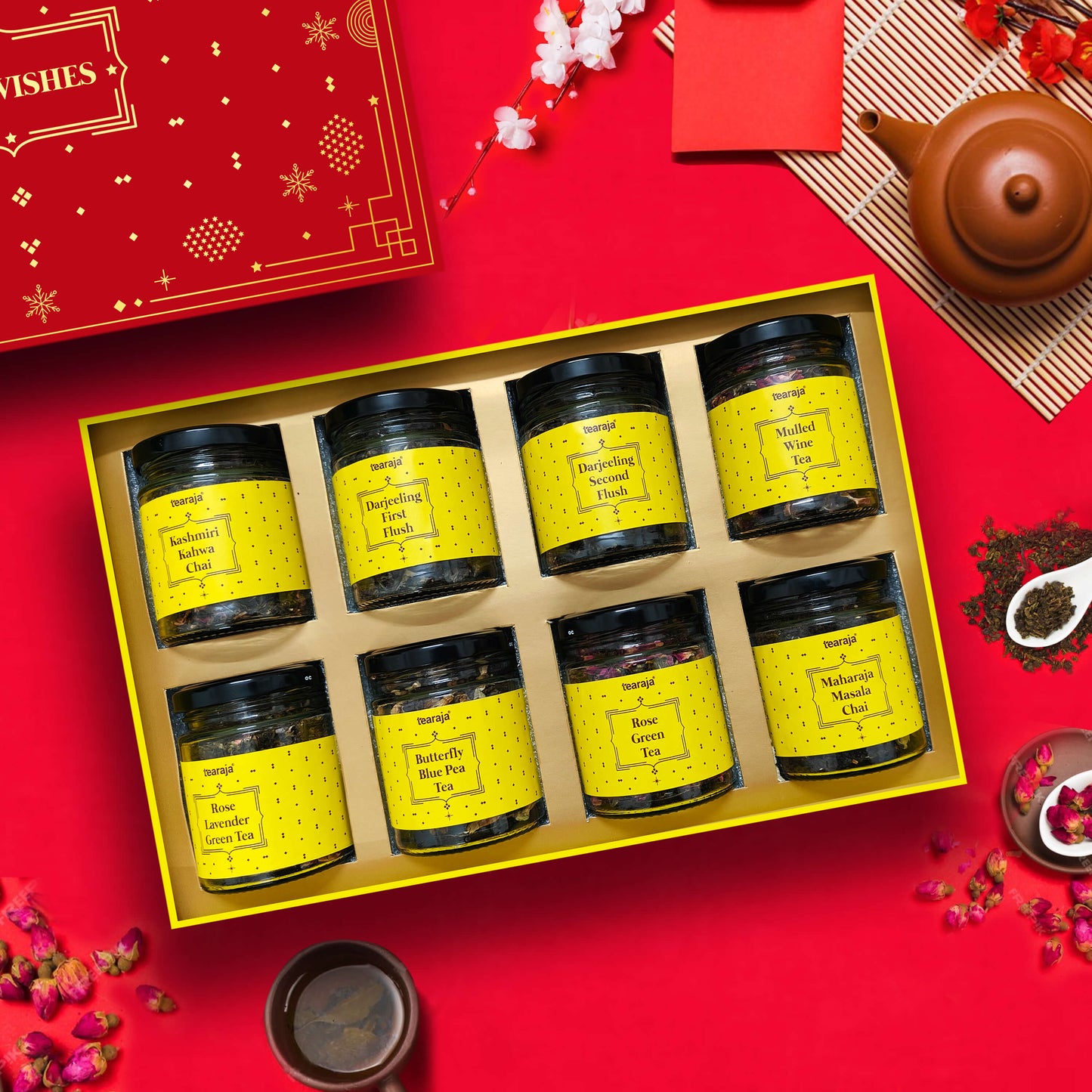 Inside view of Best Wishes Gift Box showcasing 8 exotic organic teas