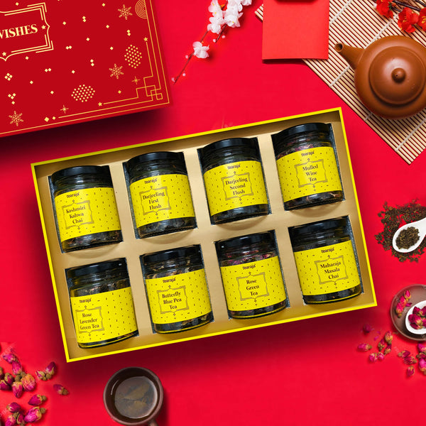 Inside view of Best Wishes Gift Box showcasing 8 exotic organic teas