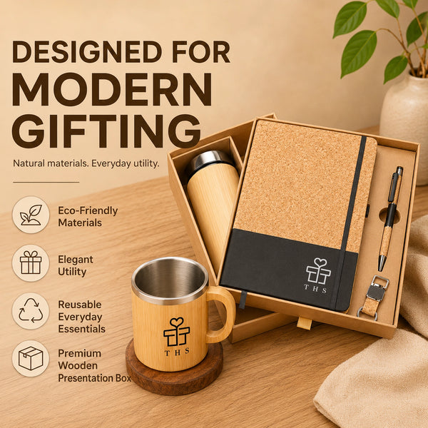 Sustainable bamboo and cork gift set styled on a desk — cork notebook, cork pen, bamboo bottle and bamboo mug in a natural presentation box