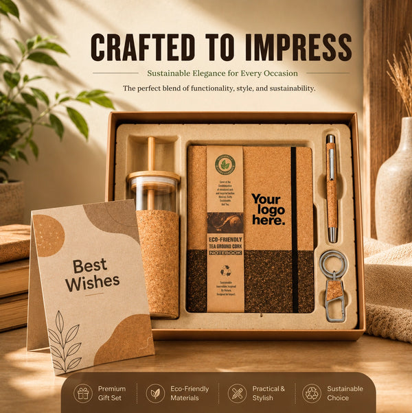 Recycled cork business gift set crafted to impress — tea-ground cork notebook, cork pen, cork glass straw tumbler and keychain in kraft packaging