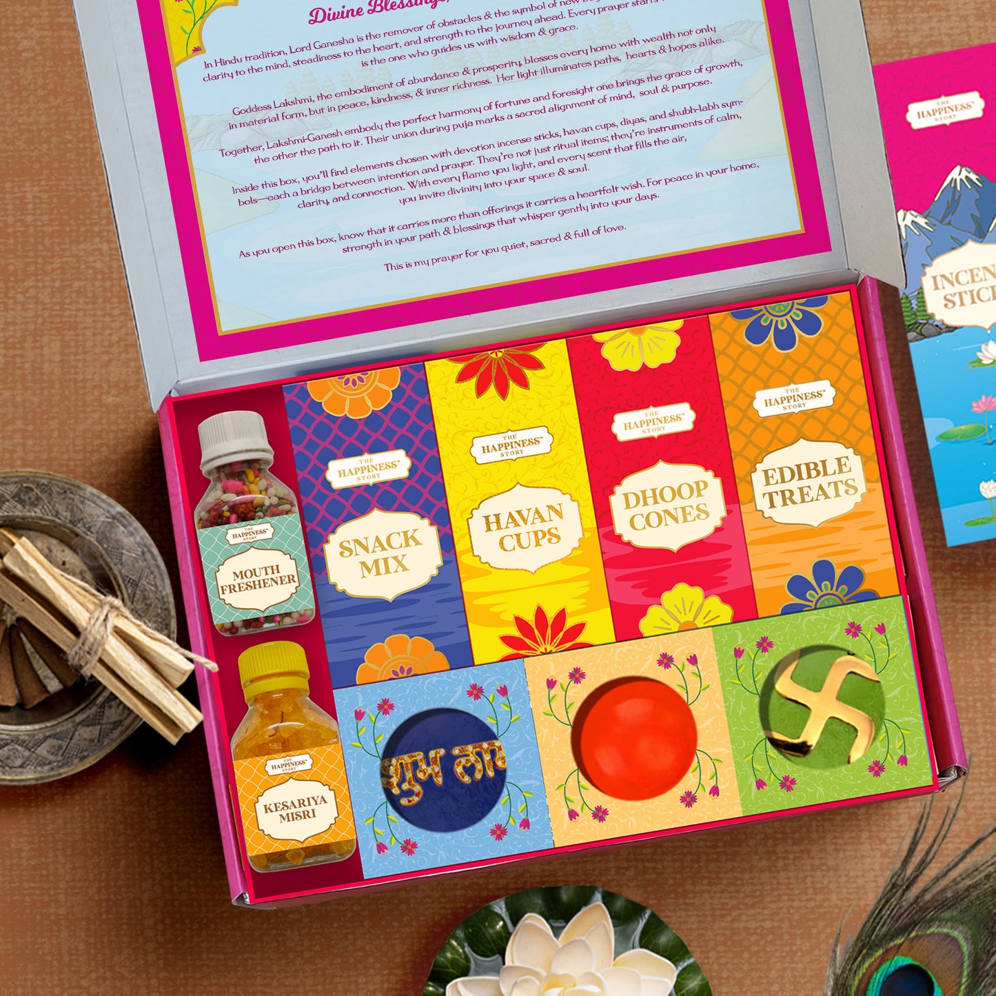 Side view of premium festive gift box with lid and vibrant design