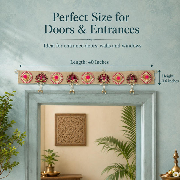Jute lotus toran above a door with its size drawn on the image — forty inches long and three point six inches high