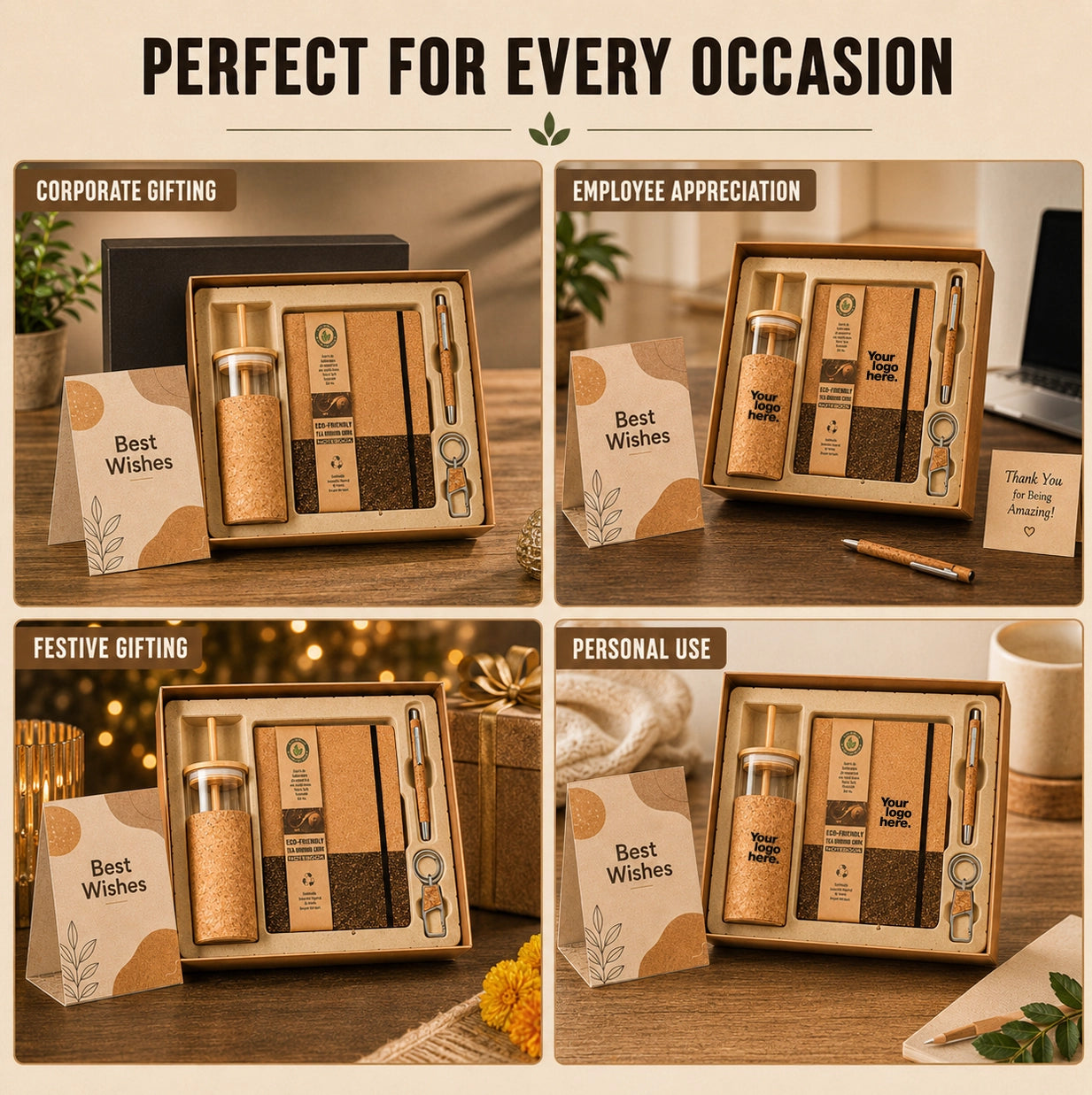 Elastic Cork Quadro gift set for corporate gifting, employee appreciation, festive and personal use with sustainable recycled materials