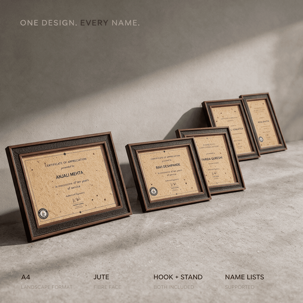 Five A4 jute certificate frames in a row, each carrying a different recipient name in one consistent design, for bulk corporate recognition orders