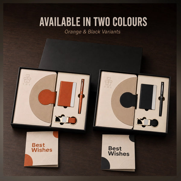 Arc Lock Executive semi circle lock notebook gift set available in orange and black variants with A5 notebook, card holder, pen, keychain and greeting cards