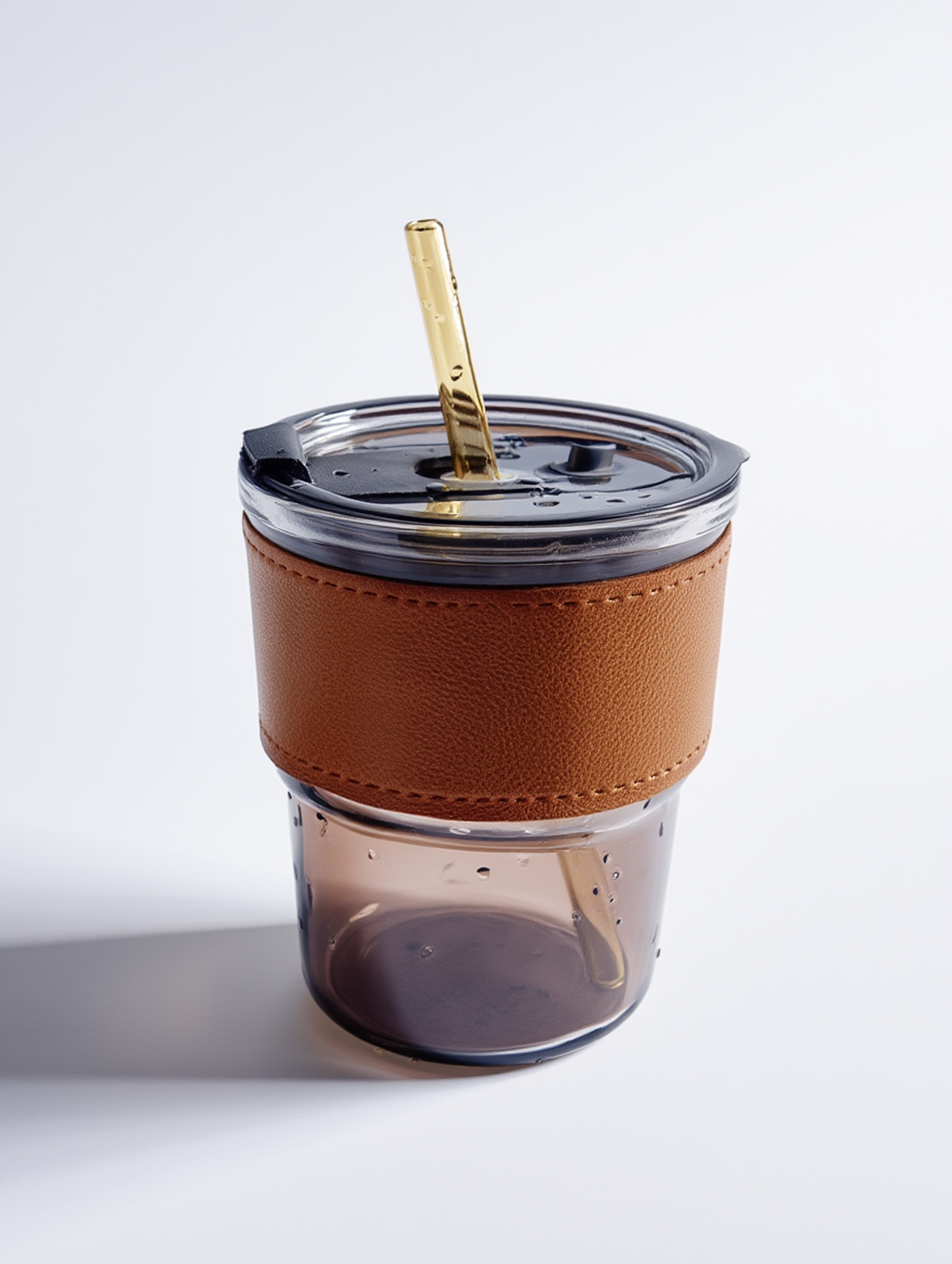 Leatherite-Wrapped Glass Tumbler with Sealed Straw Lid