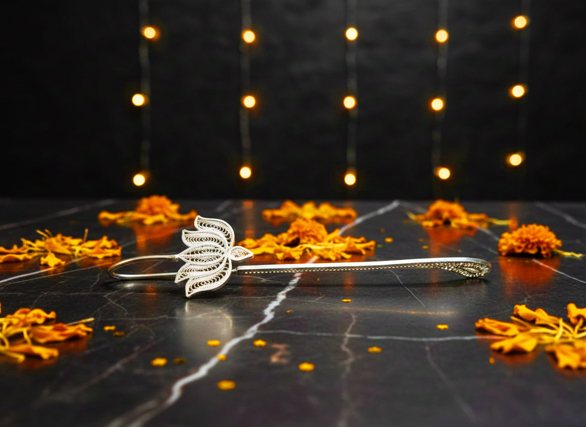 Handcrafted German Silver Lotus Bookmark with filigree detailing, luxury gifting accessory.