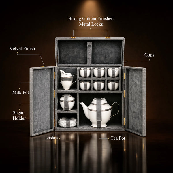 Royal Majesty Porcelain Tea Set — 16-Piece Silver-Plated Tea Service in a Velvet-Lined Keepsake Trunk