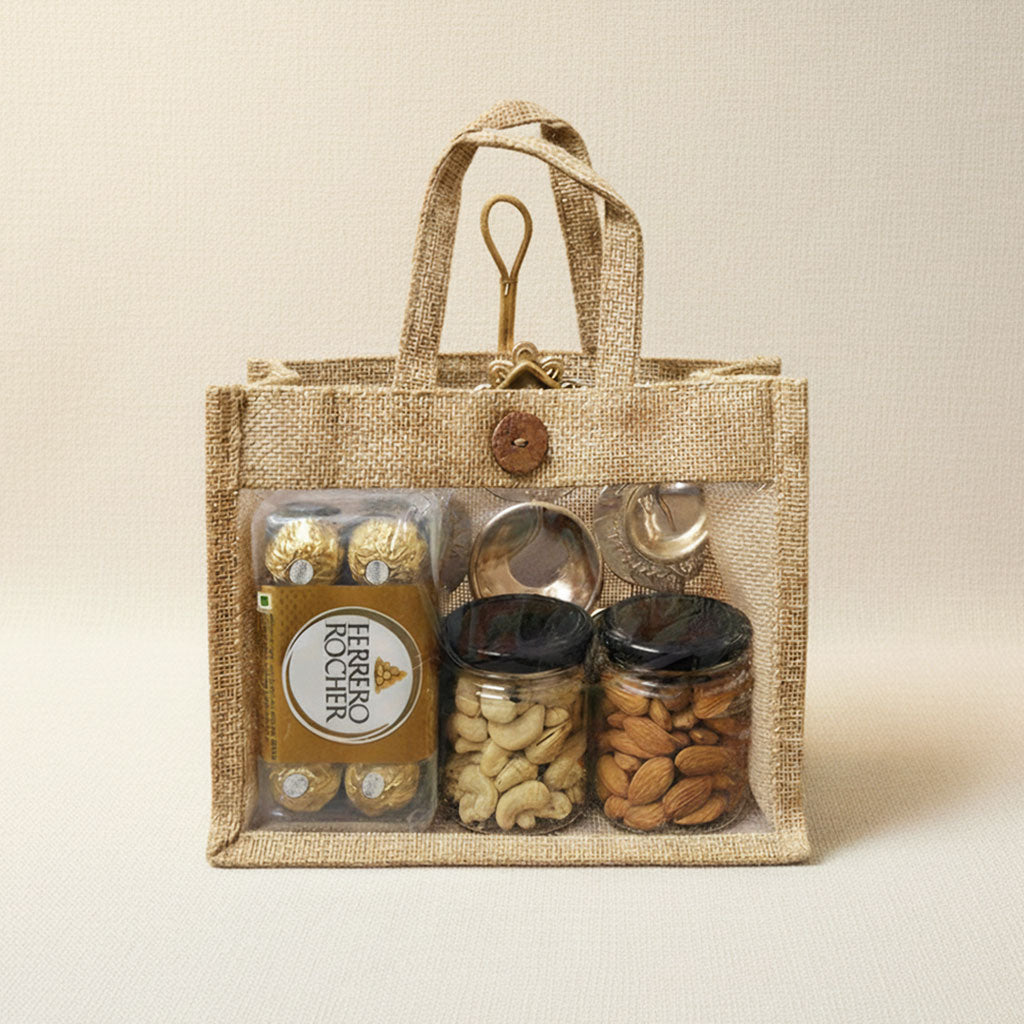 Compact eco-friendly jute gift hamper with premium dry fruits, chocolates, and urli diya.