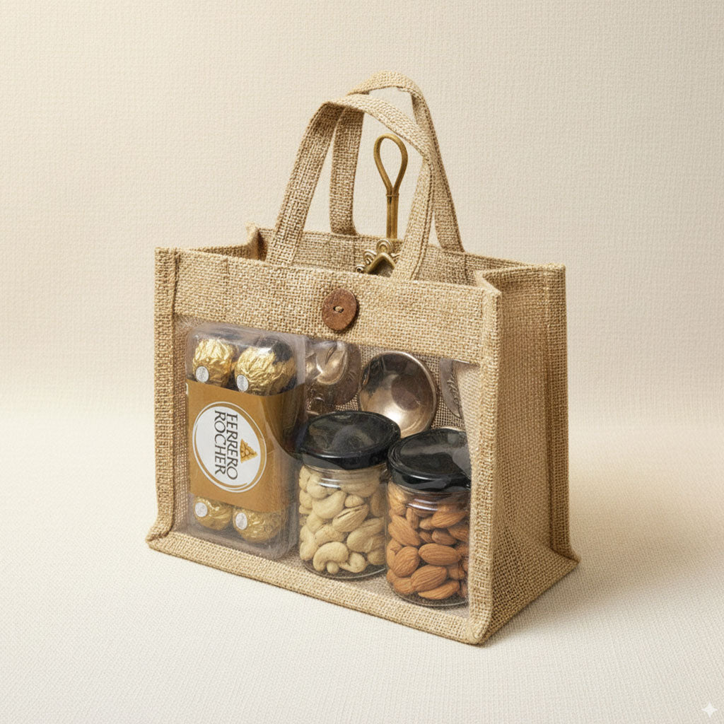 Eco Treasure Hamper with reusable jute bag containing Ferrero Rocher chocolates, cashews in jar, almonds in jar, and decorative golden urli diya.