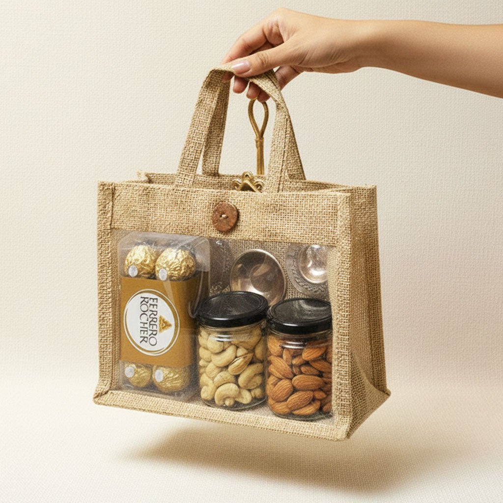 Handheld Eco Treasure Hamper – sustainable gifting bag with chocolates, nuts, and festive urli diya.