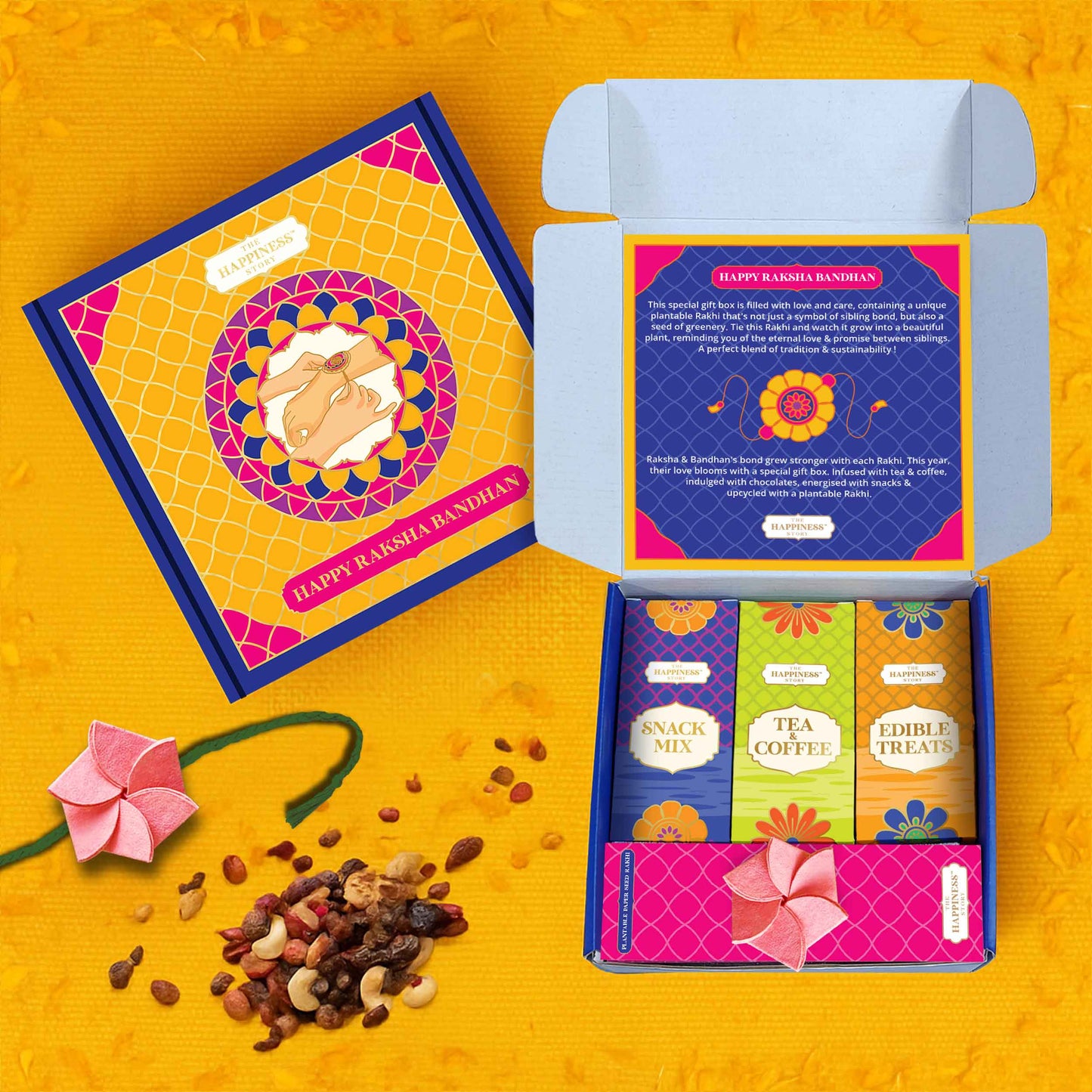 Buy premium rakhi gift box with card ,snack mix , tea and coffee , edible treats for bhaiya ,bhabhi and sister