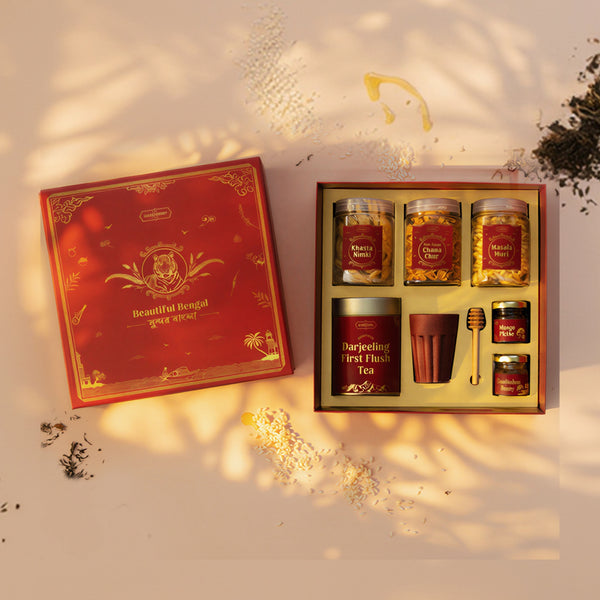 The Beautiful Bengal Box — premium Bengal gift hamper with Darjeeling tea, Sunderban honey, Bengali snacks and eco cup by The Happiness Story