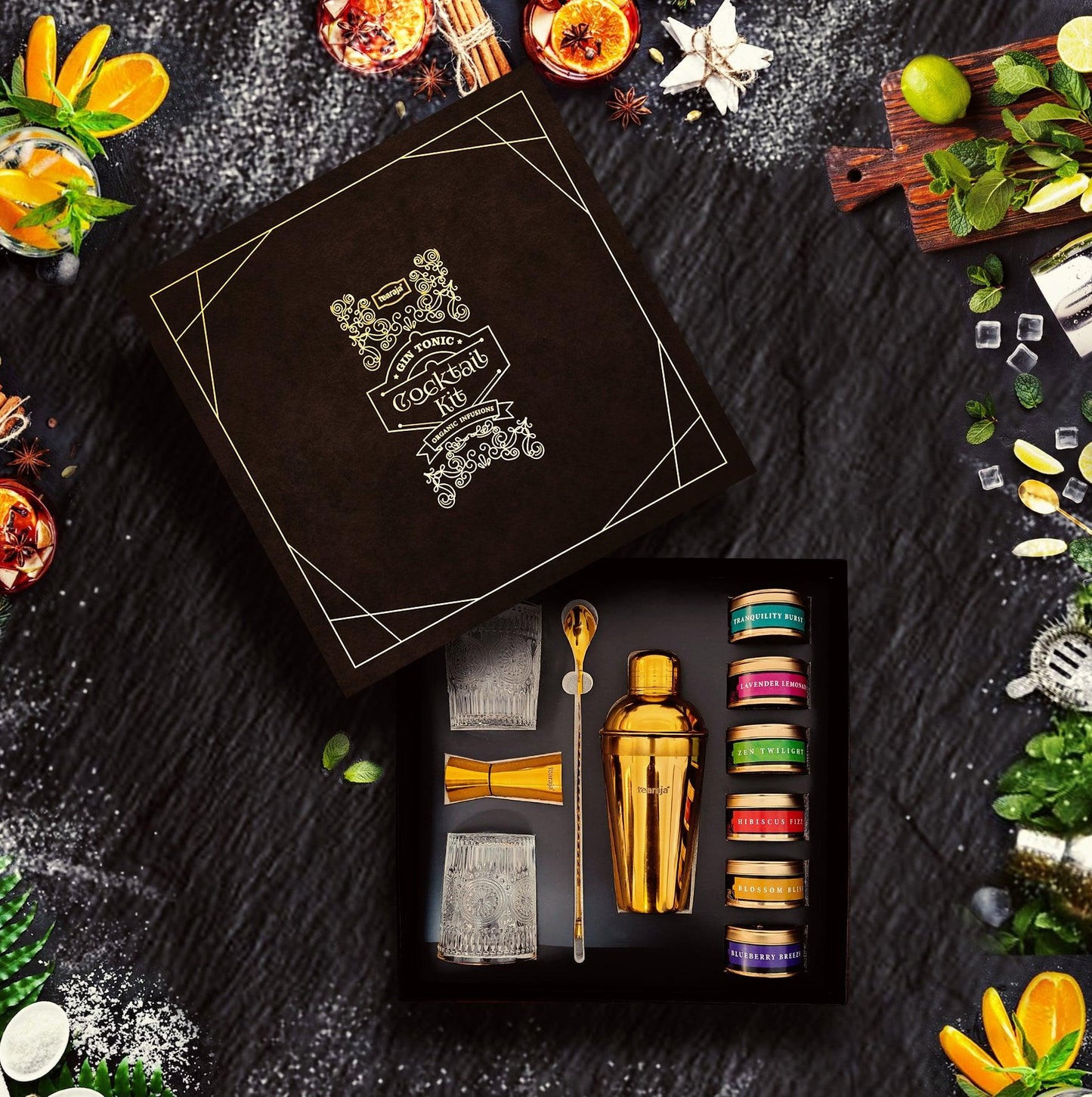 Cocktail Kit by The Happiness Story featuring six flavor infusions, premium mixology tools, and elegant packaging