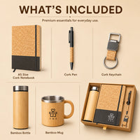 Wooden 5-in-1 bamboo corporate gift set — bamboo insulated bottle, bamboo mug, cork A5 notebook, cork pen and cork keychain in a wooden box