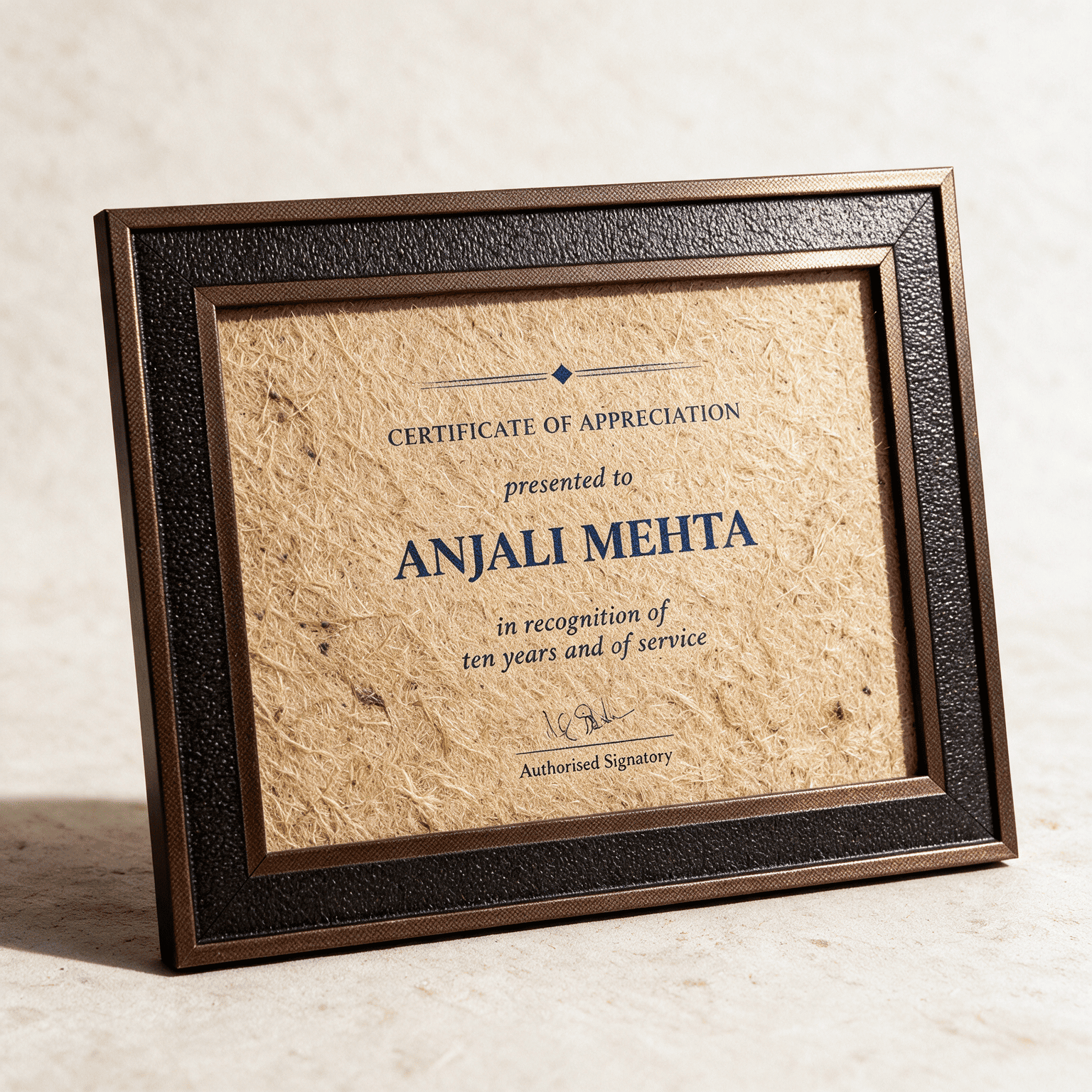 The Appreciation Frame — A4 Certificate of Appreciation on Natural Jute Fibre | Fully Customisable, Wall Hook & Stand