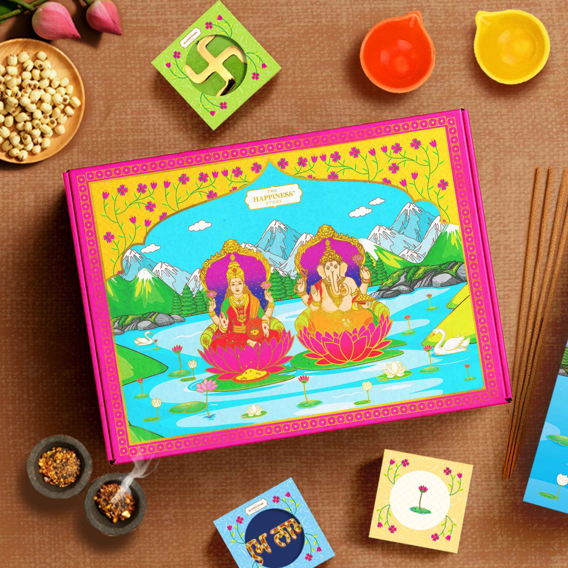 Lakshmi Ganesh Prosperity Gift Box – Front view of festive hamper with Lakshmi and Ganesh artwork”