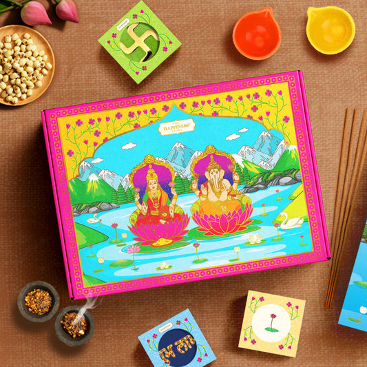 Lakshmi Ganesh Prosperity Gift Box – Front view of festive hamper with Lakshmi and Ganesh artwork”