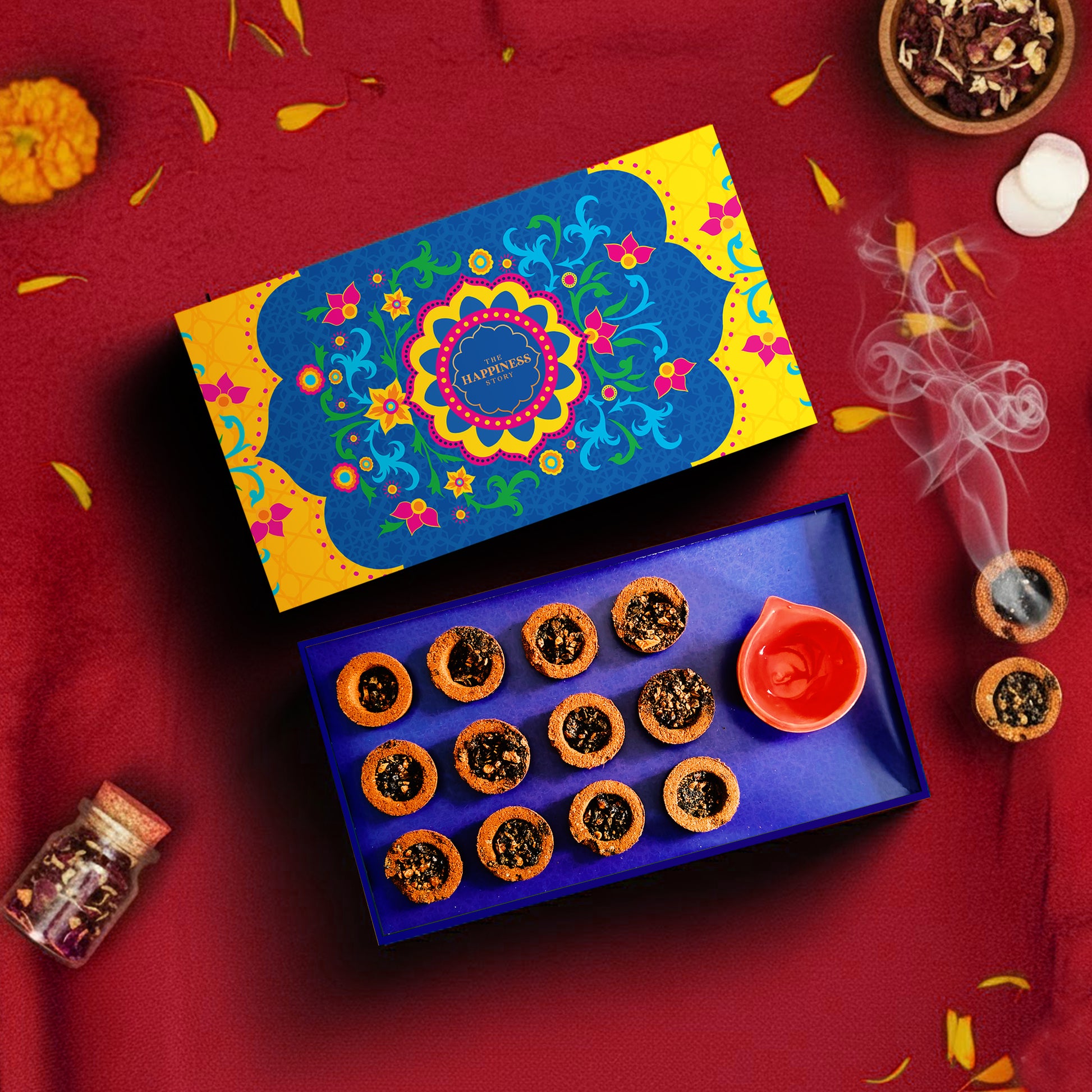 The Happiness Story Sambrani Havan Cups with decorative gift box and tray – natural dhuno home purification aroma