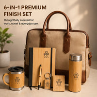 Buy bamboo 6-in-1 executive corporate gift hamper with premium laptop bag, bamboo bottle, mug, notebook, pen, keychain and card holder — sustainable corporate gift set with bag by THS