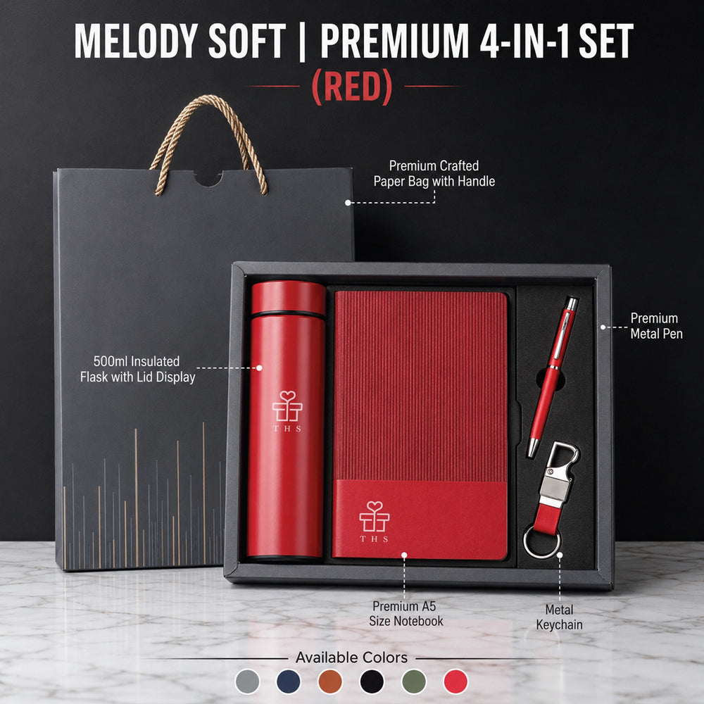 Melody Soft corporate gift set with temperature flask in red — LED smart flask, soft A5 notebook, metal pen and keychain with crafted paper bag