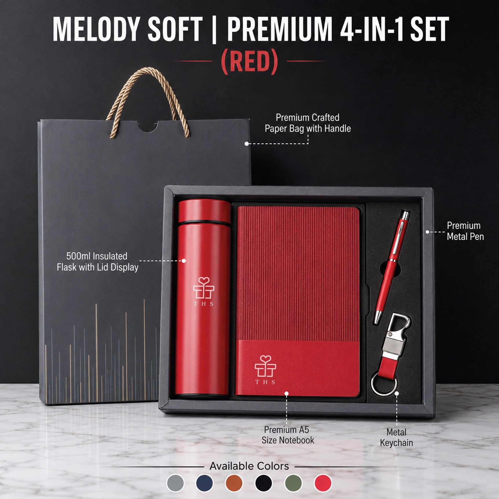 Melody Soft corporate gift set with temperature flask in red — LED smart flask, soft A5 notebook, metal pen and keychain with crafted paper bag