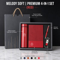 Melody Soft corporate gift set with temperature flask in red — LED smart flask, soft A5 notebook, metal pen and keychain with crafted paper bag