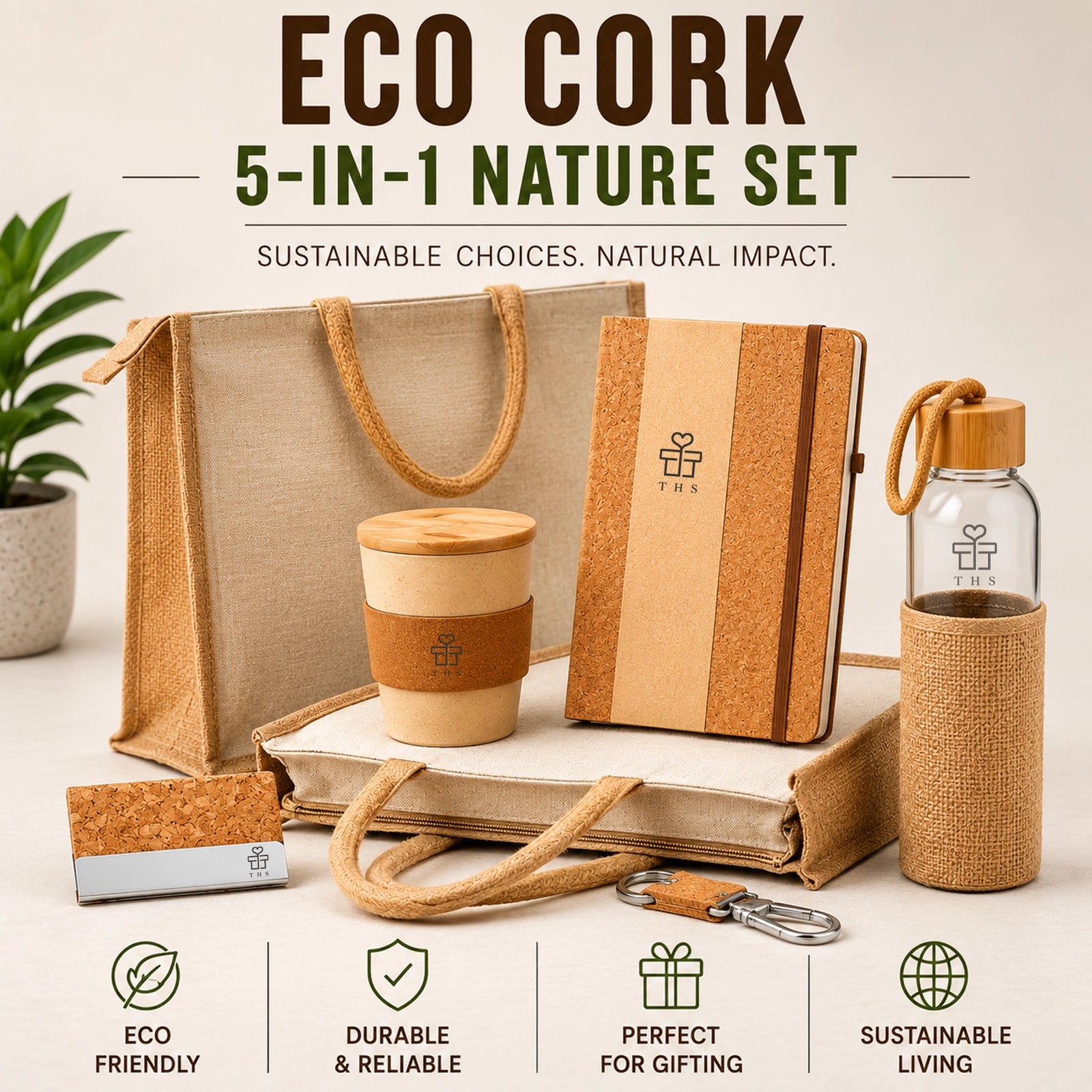 Eco Cork Nature — Jute and Cork Gift Set | 6-in-1 with Reusable Tote