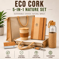 Eco Cork Nature jute and cork gift set — reusable jute tote, cork notebook, cork mug, jute-sleeve glass bottle, cork card holder and keychain