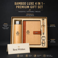  Bamboo Luxe premium bamboo gift set — 450ml bamboo flask, bamboo-cover A5 notebook with leather accent, bamboo stylus pen and keychain with greeting card
