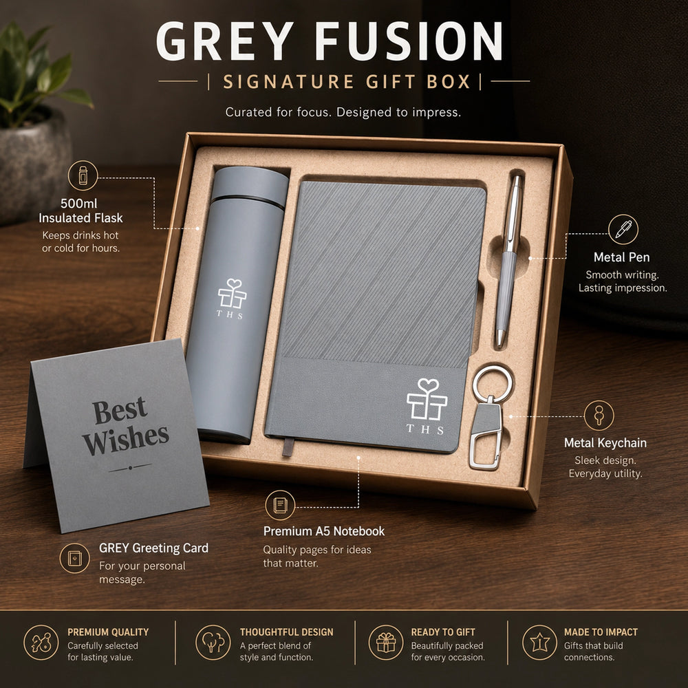 Grey Fusion 5-in-1 corporate gift set — grey 500ml flask, textured A5 notebook, metal pen, keychain and Best Wishes greeting card in a signature box