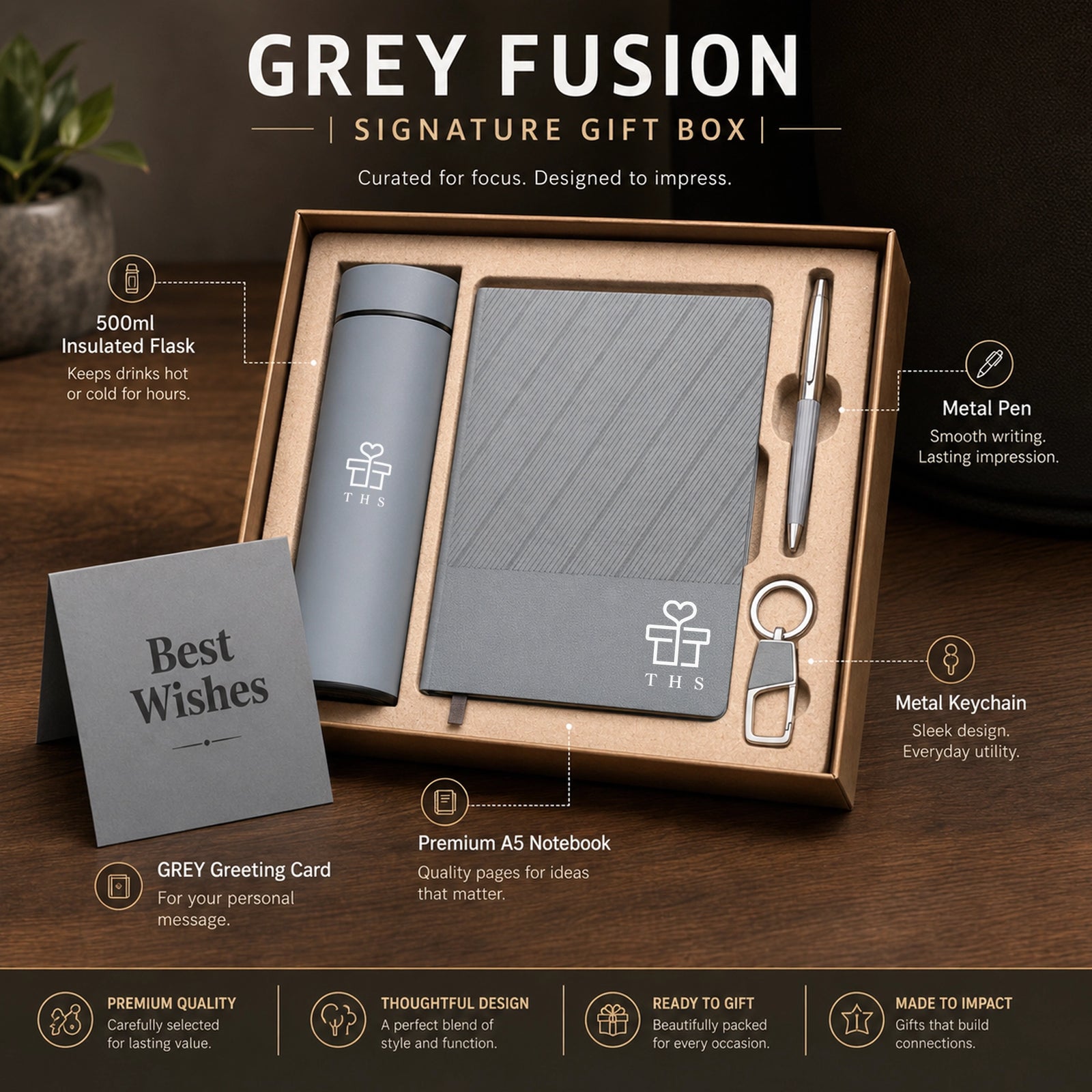 Grey Fusion — 5-in-1 Corporate Gift Set | Signature Grey Gift Box with Greeting Card