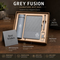 Grey Fusion 5-in-1 corporate gift set — grey 500ml flask, textured A5 notebook, metal pen, keychain and Best Wishes greeting card in a signature box