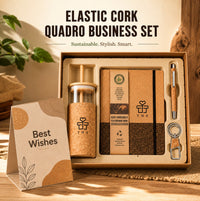 Elastic Cork Quadro recycled cork gift set — tea-ground cork notebook, cork glass tumbler, cork pen, keychain and greeting card in a kraft box