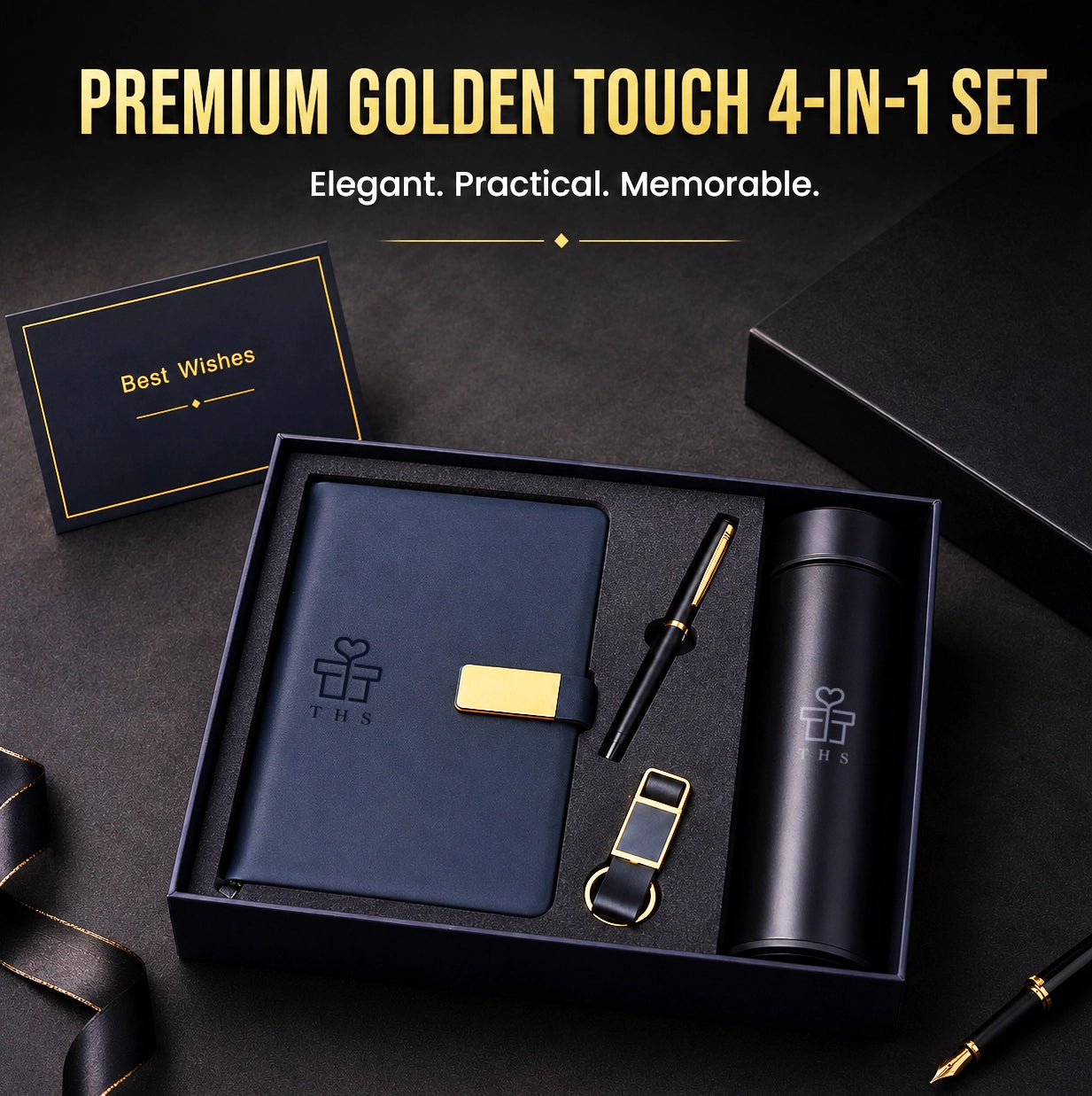 Premium Golden Touch — Navy & Gold Corporate Gift Set | A5 Notebook, Pen, Keychain & Flask