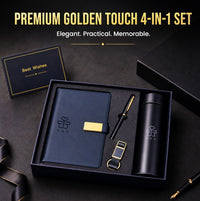 Premium Golden Touch navy and gold corporate gift set — A5 notebook with gold clasp, metal pen, keychain and insulated flask in a navy box