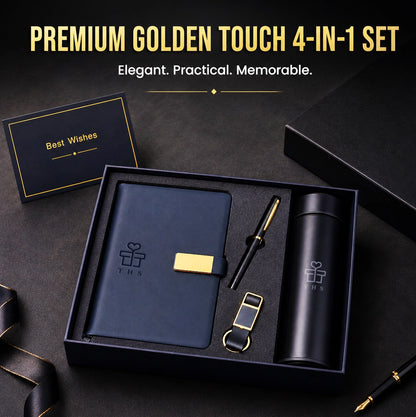 Premium Golden Touch navy and gold corporate gift set — A5 notebook with gold clasp, metal pen, keychain and insulated flask in a navy box